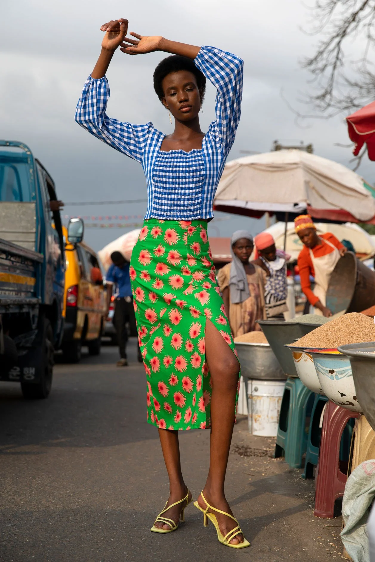 BlueCheckSmockTop_GreenSplitSkirt_3.jpg