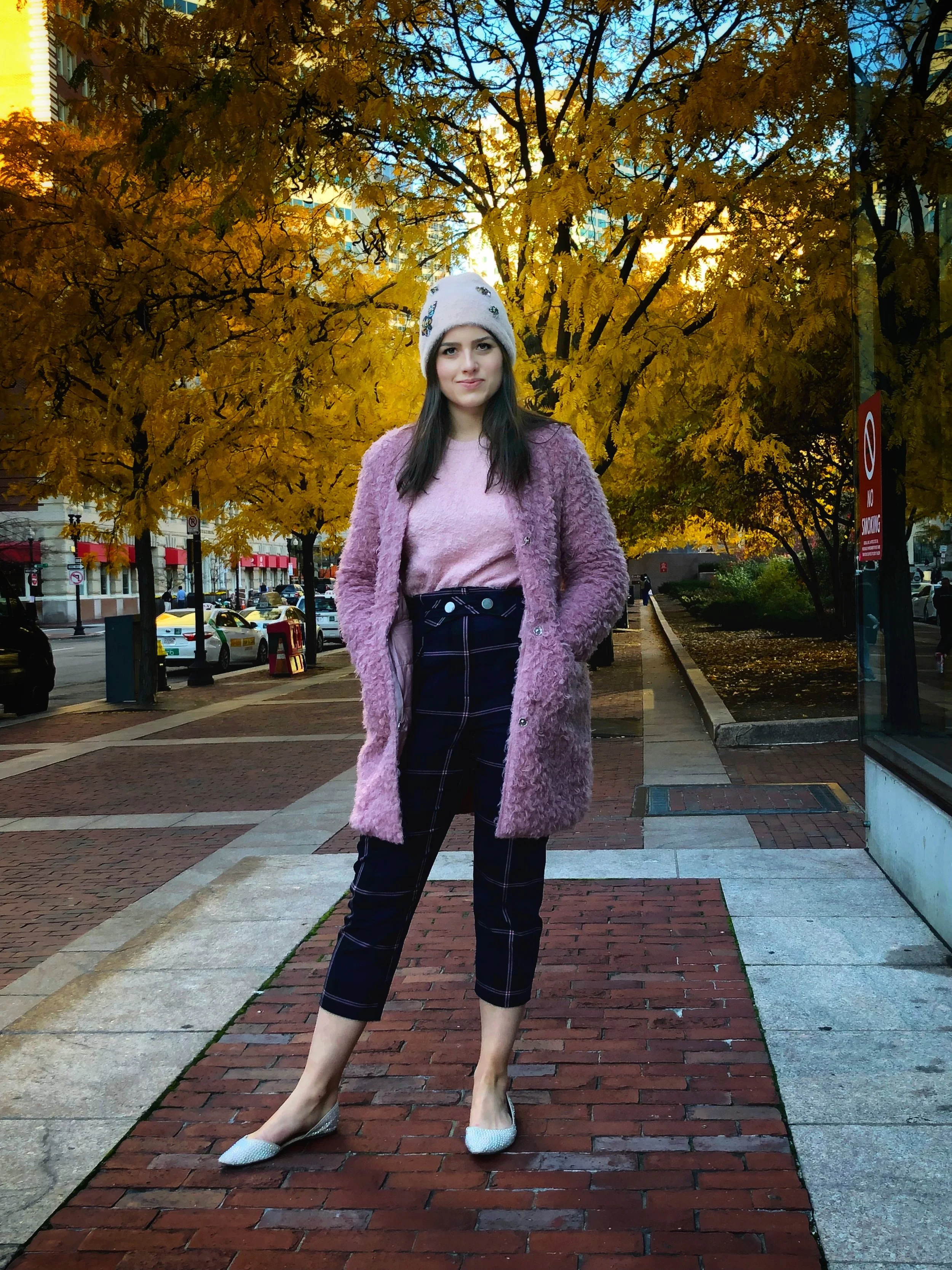 Coat: Via Spiga from TJ Maxx (sold out), similar here , similar here Sweater: H&M (sold out) but in black here and on Poshmark , similar here , similar here Pants: Topshop (sold out), similar here , here , and here Shoes: Steve Madden from DSW Hat: Anthropologie (sold out), similar here , on Tradesy in white, similar here