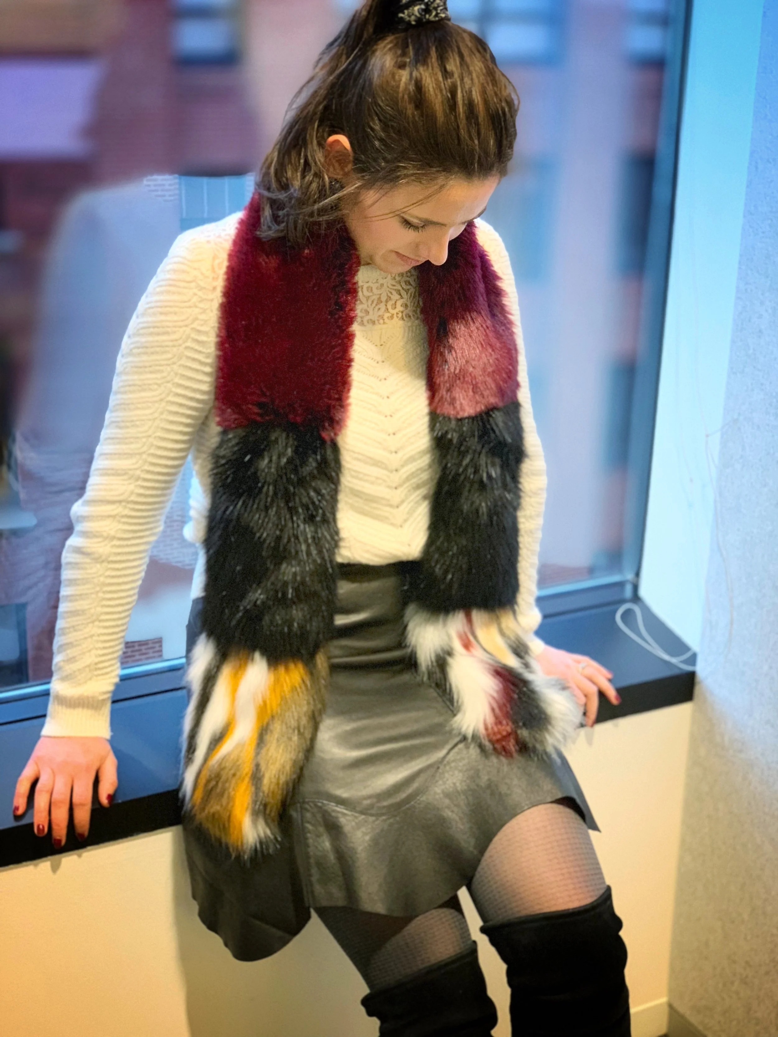 Stole: Sam Edelman Sweater: LOFT (out of stock), similar here and here Skirt: & Other Stories (out of stock), similar here , here , and here Tights: Target (out of stock), similar here Boots: Stuart Weitzman via eBay