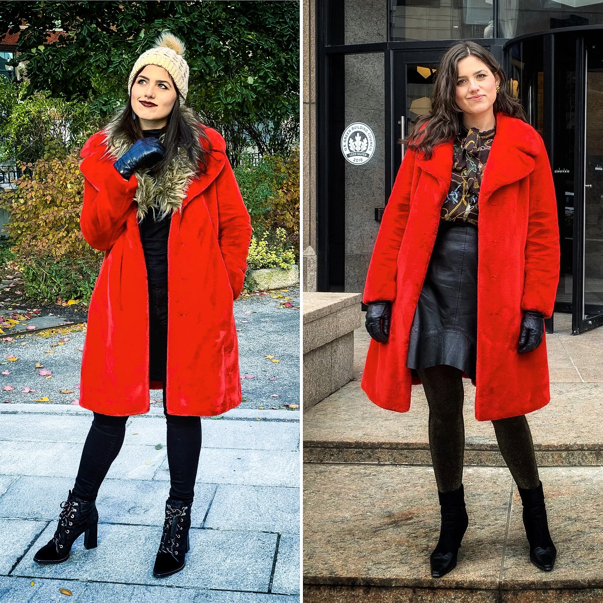 Coat: 7 for All Mankind via Nordstrom Rack, on Amazon Plaid & fur vest: Anthropologie (out of stock) but on Vinted and eBay Beanie: Anthropologie (out of stock), similar here and here Gloves: Coach (out of stock), similar here Black jeans: Madewell Jacquard lace-up booties: Sam Edelman (sold out), other color here , similar here and here Blouse: Zara (out of stock), similar here and here Skirt: & Other Stories (out of stock), similar here , here , and here Gold and black tights: H&M (out of stock), similar here and here Black leather & felt booties: Amazon (a Chloé knockoff!)