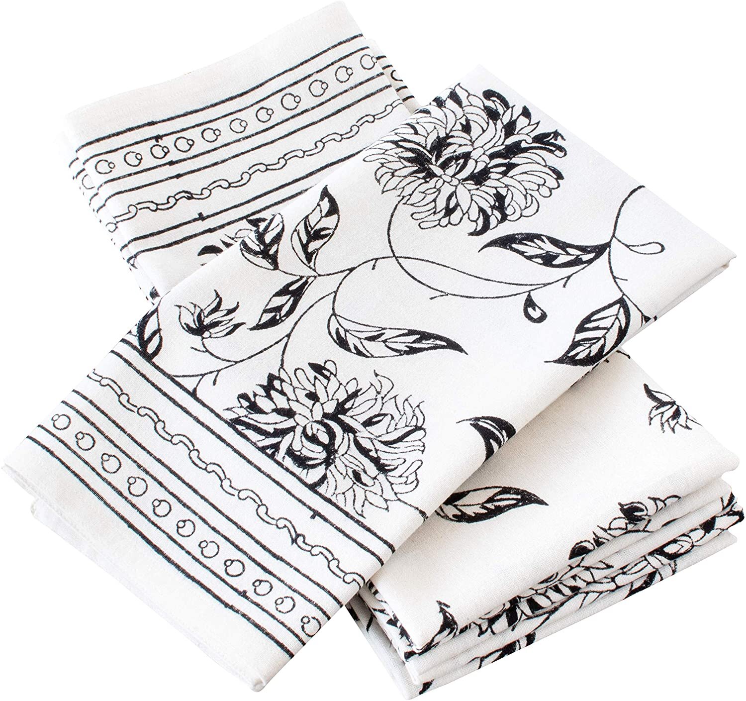Black &amp; White Floral Cloth Napkins