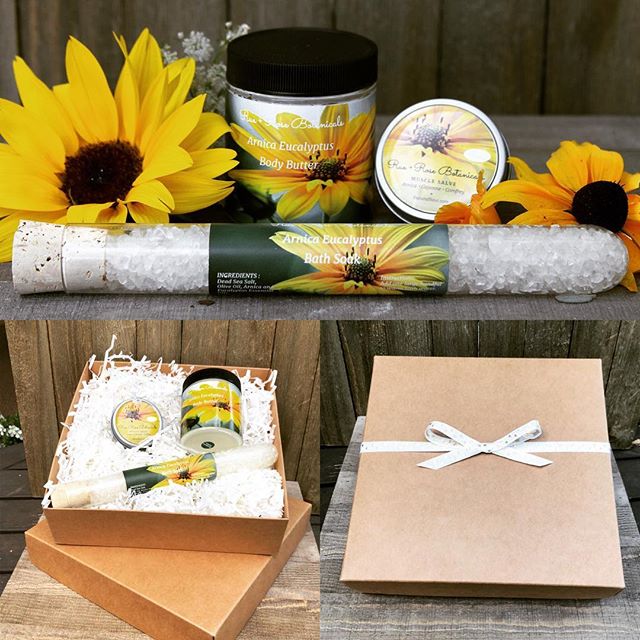 Here are our new Arnica and Eucalyptus gift sets. The set includes a Bath Salt, a Body Butter, and our oh so popular Muscle Rub.