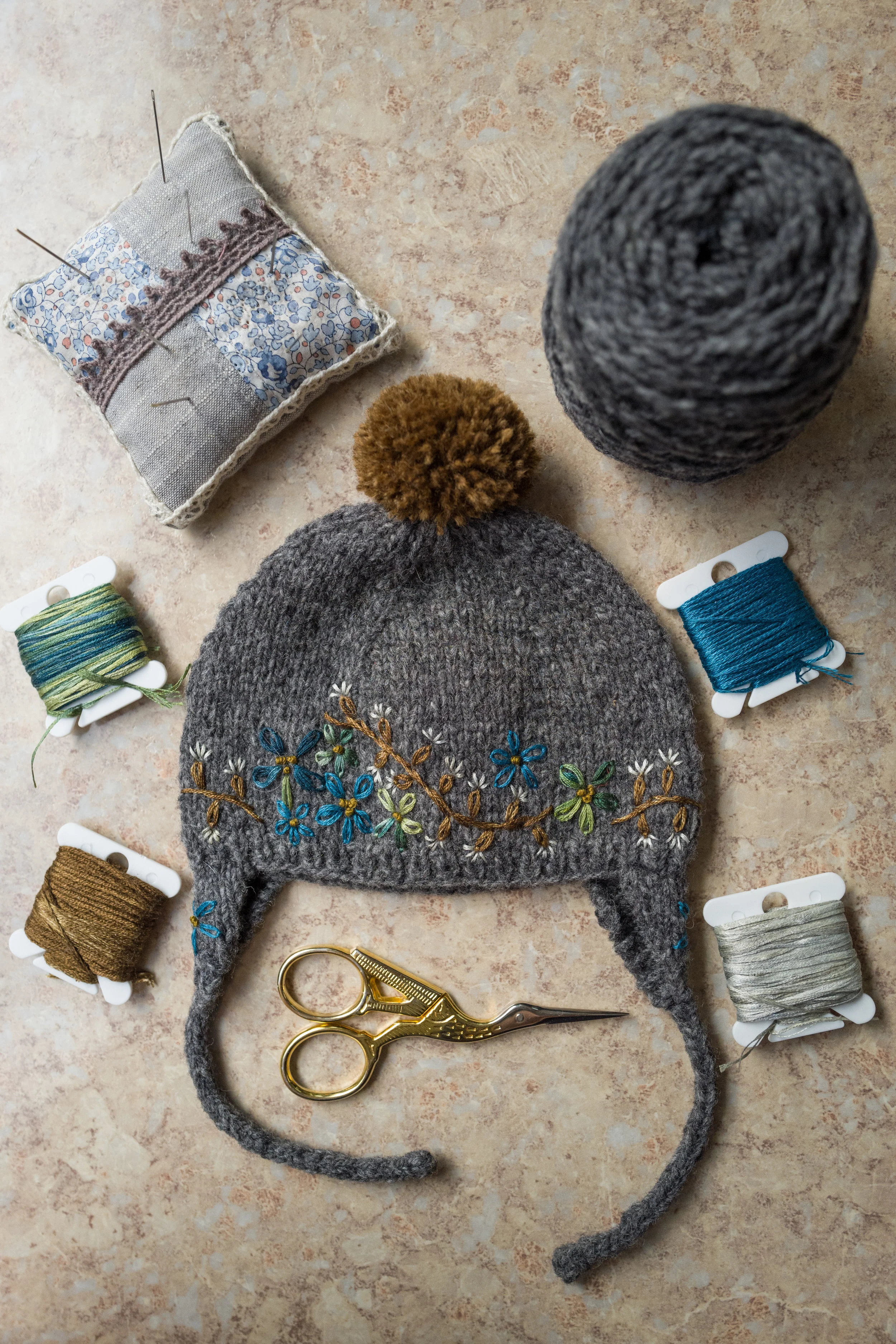 Embroidered Knit Hat- Stormy Grey 