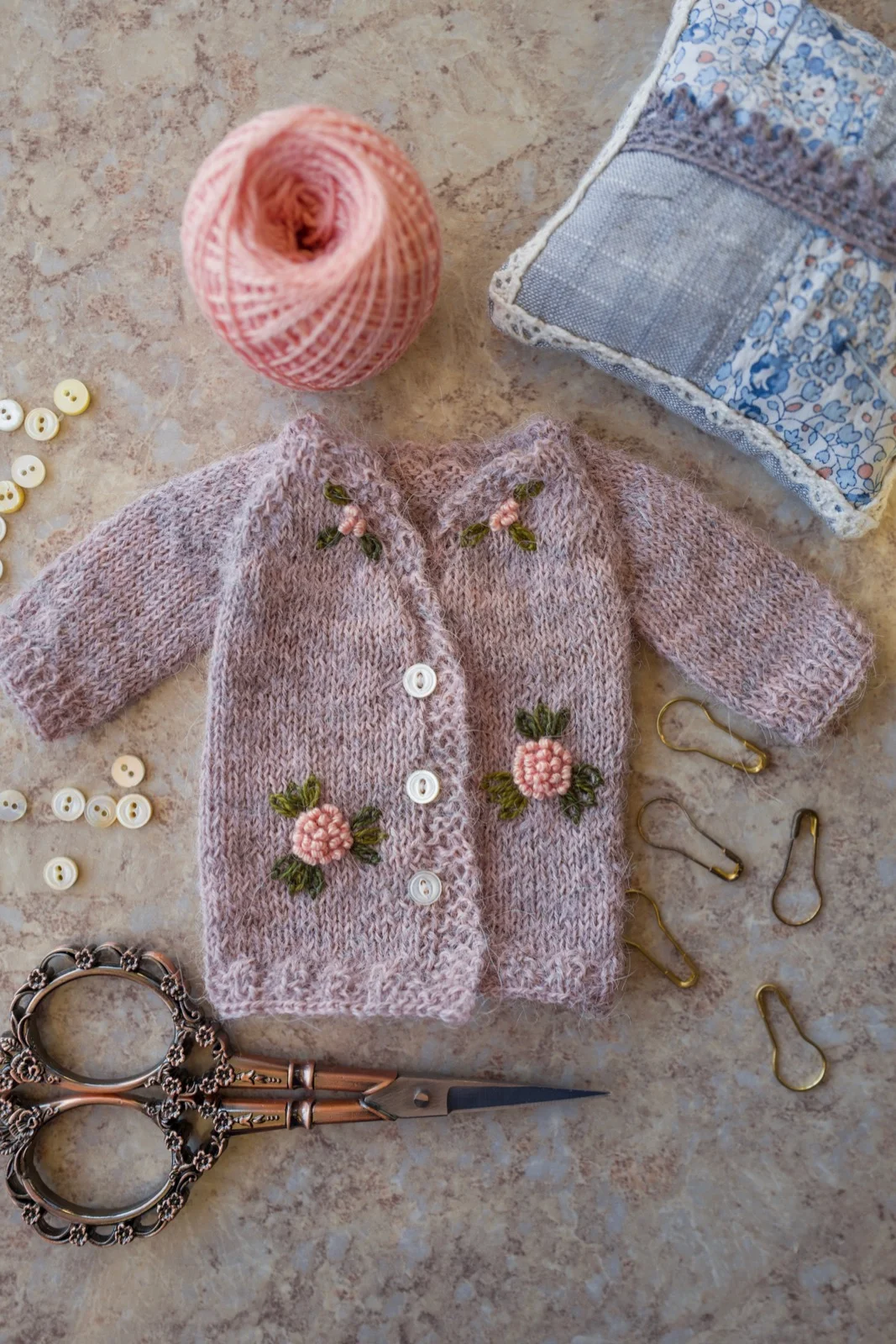 Embroidered Cardigan- Pink and Dark Green Petals