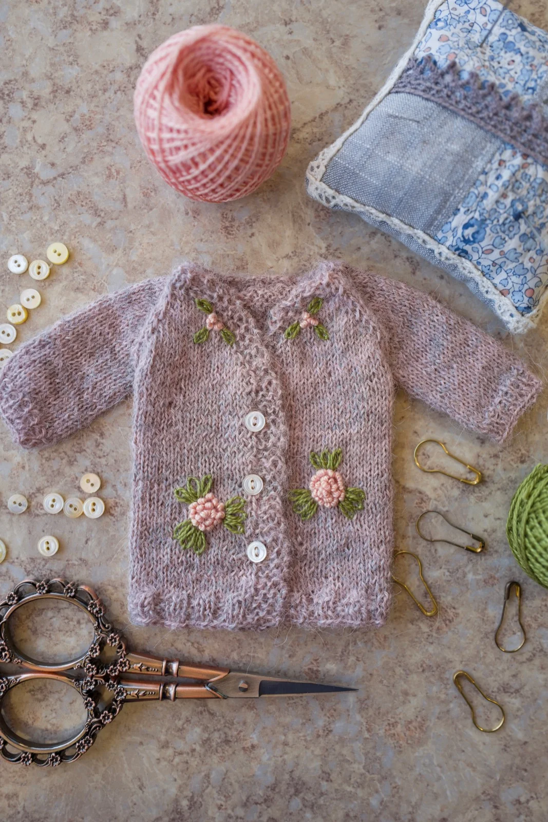 Embroidered Cardigan- Pink and Spring Green Petals