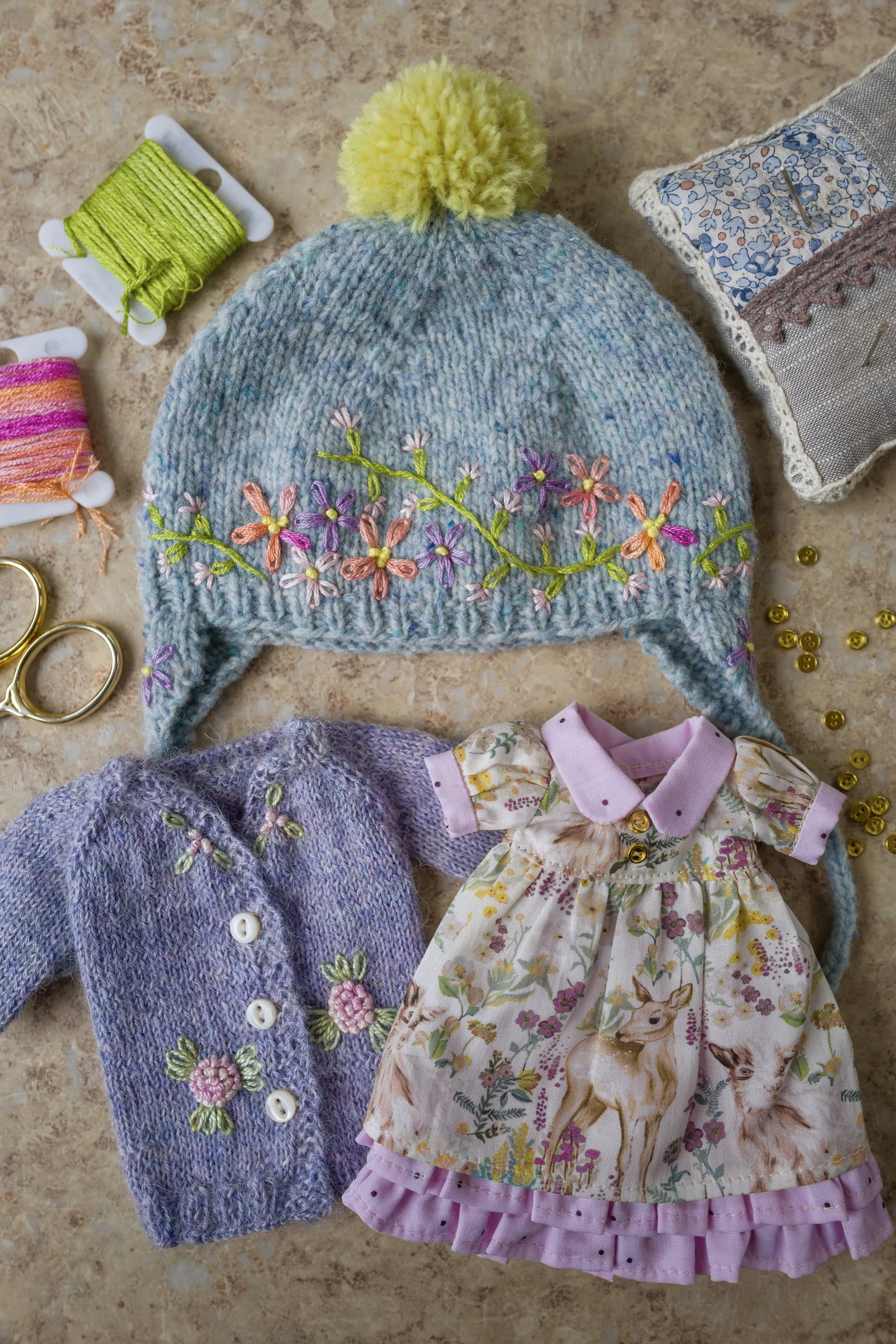 Four Piece Set- Deer Dress and Purple Cardigan