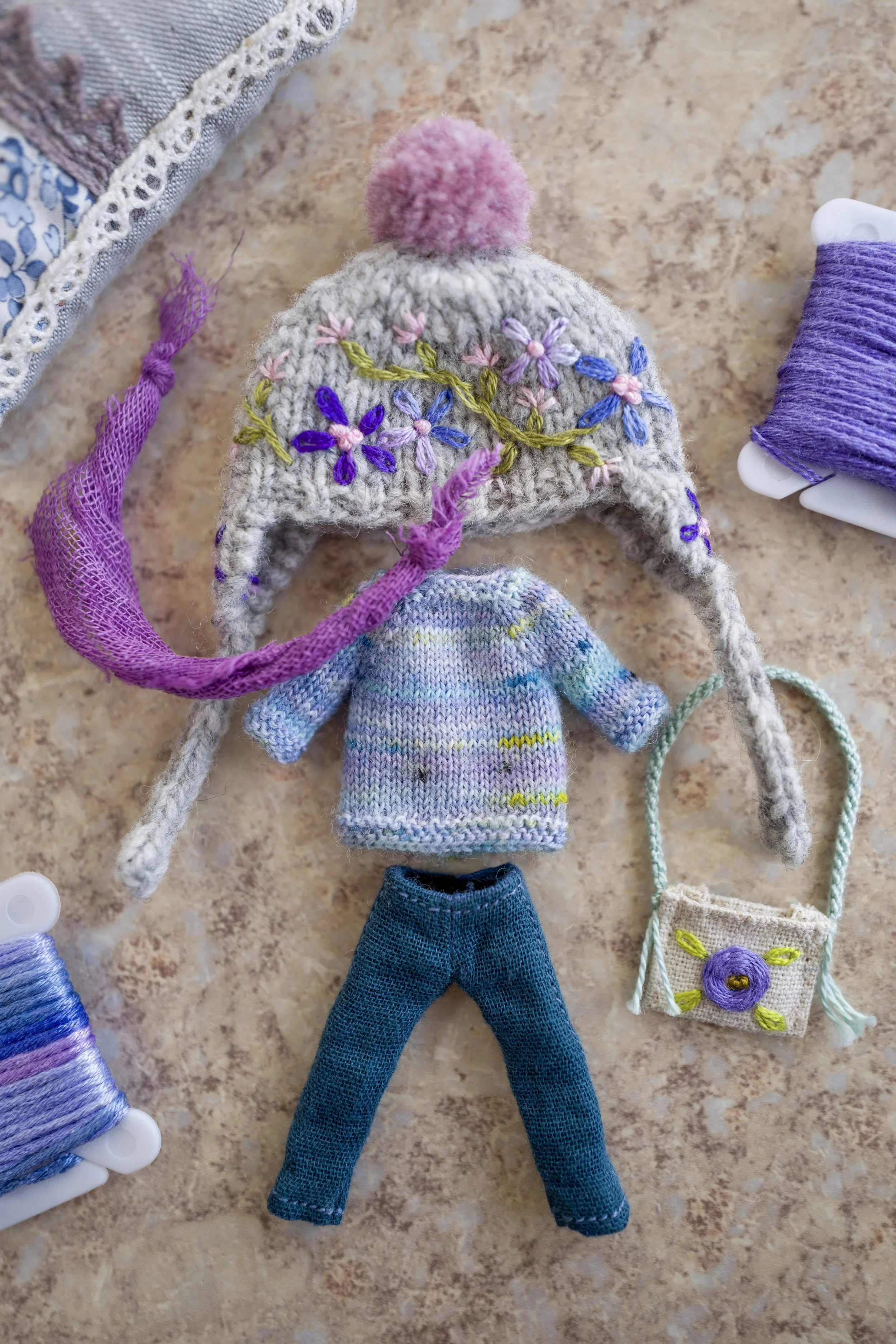 Petite Blythe Five Piece Set- Purple- Sweater and Grey Hat