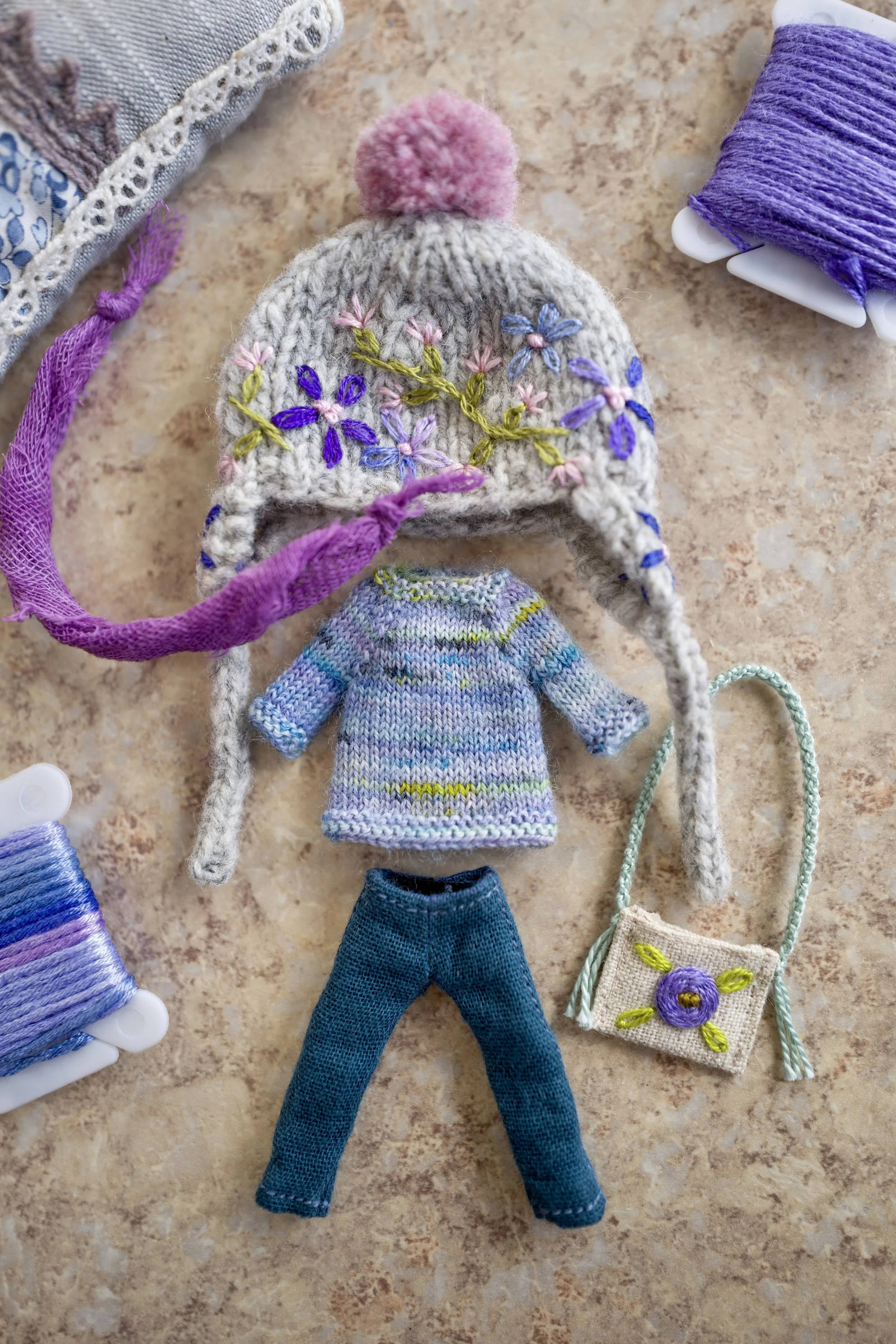 Petite Blythe Five Piece Set- Purple-Blue Sweater and Grey Hat