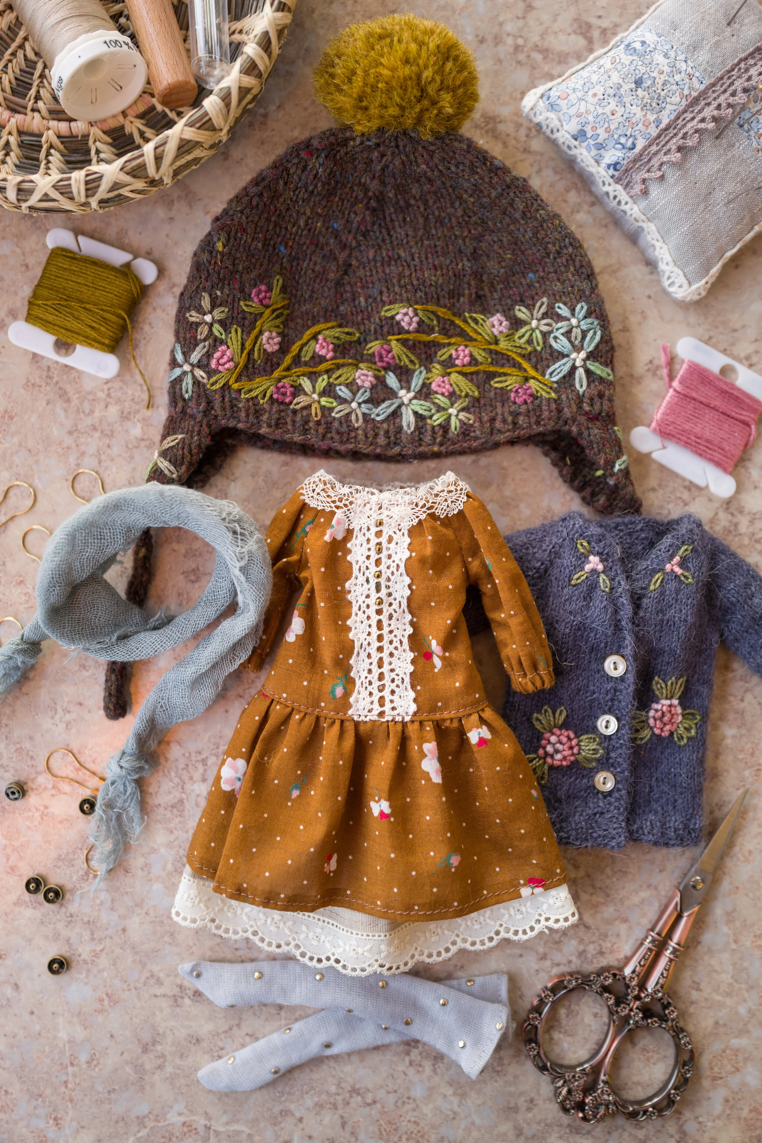 Six Piece Dress Set- Chocolate and Blue 