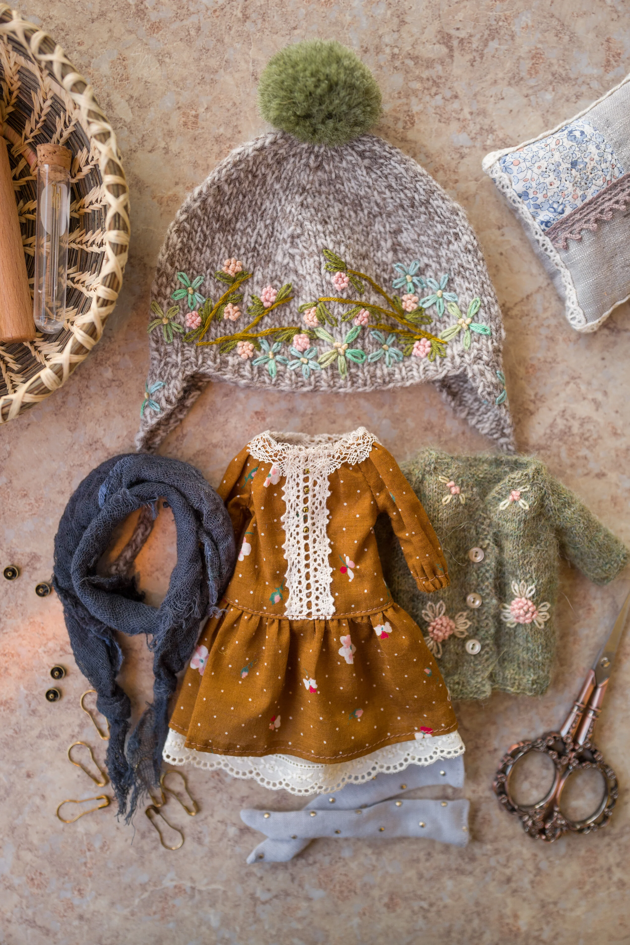 Six Piece Dress Set- Beige and Green