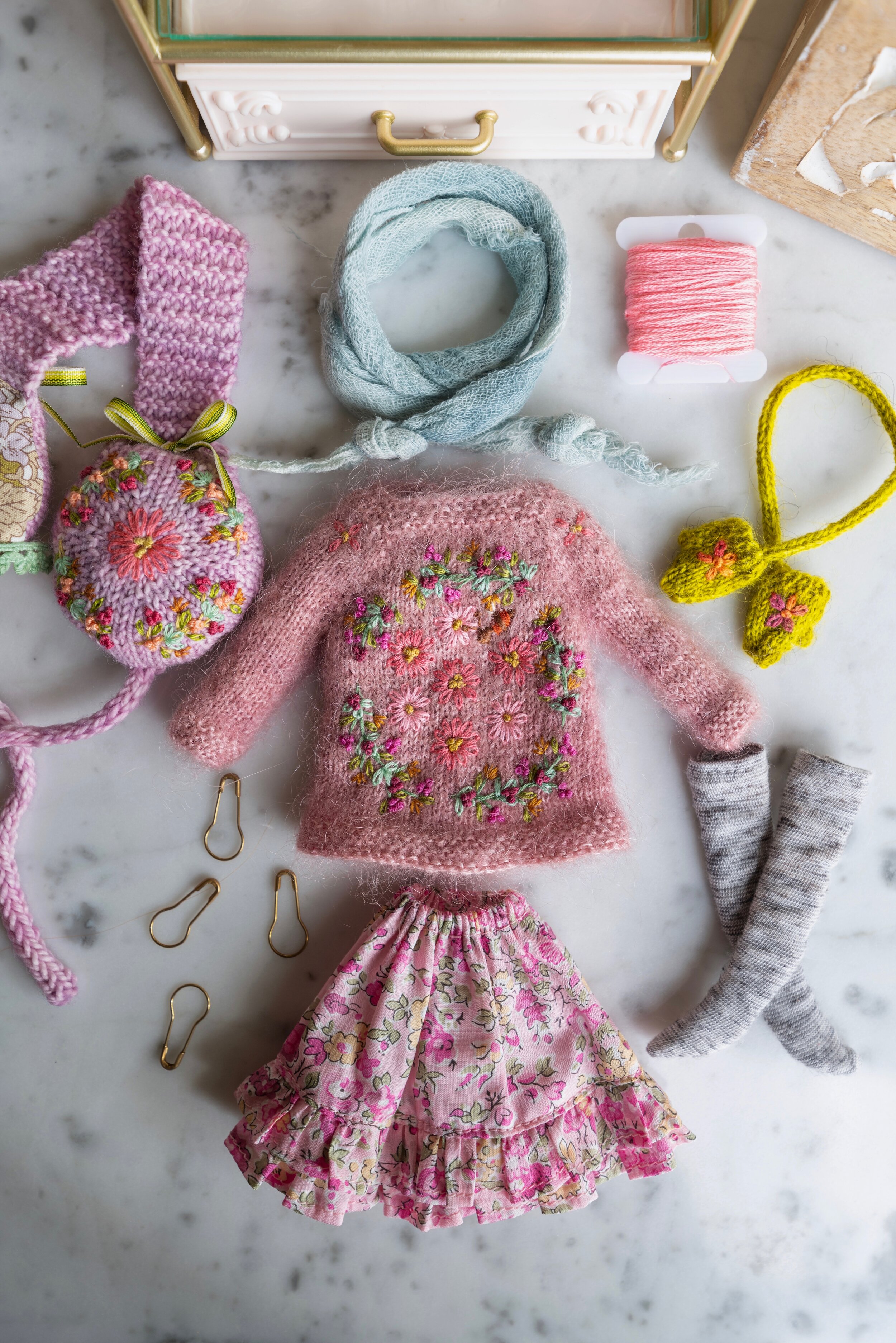 Six Piece Sweater and Earmuffs Set- Pink
