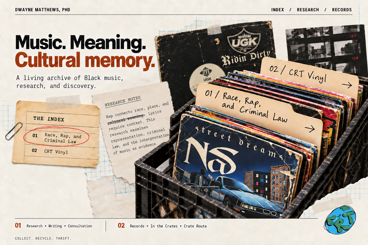 Dwayne Matthews, PhD. A living archive of Black music, research, and discovery. A crate with Nas Street Dreams, a taped UGK record, research notes, and dividers for Race, Rap, and Criminal Law and CRT Vinyl.