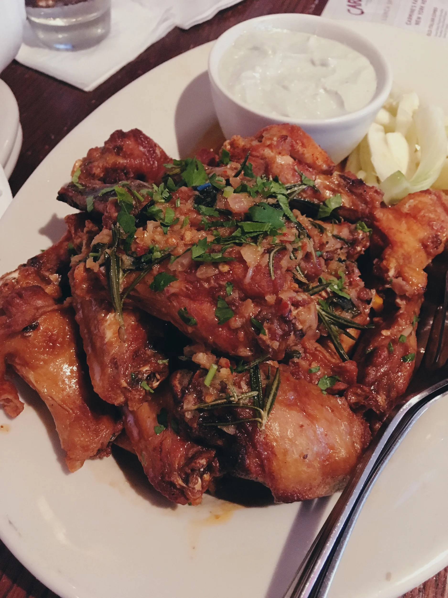 Carmines Scarpariello chicken wings near Gallery Place/Chinatown in D.C. Them jaints was hitting!! Flavor was great, crisp was perfect, perfect size wing. Bleu cheese was perfect consistency. Easy 10/10