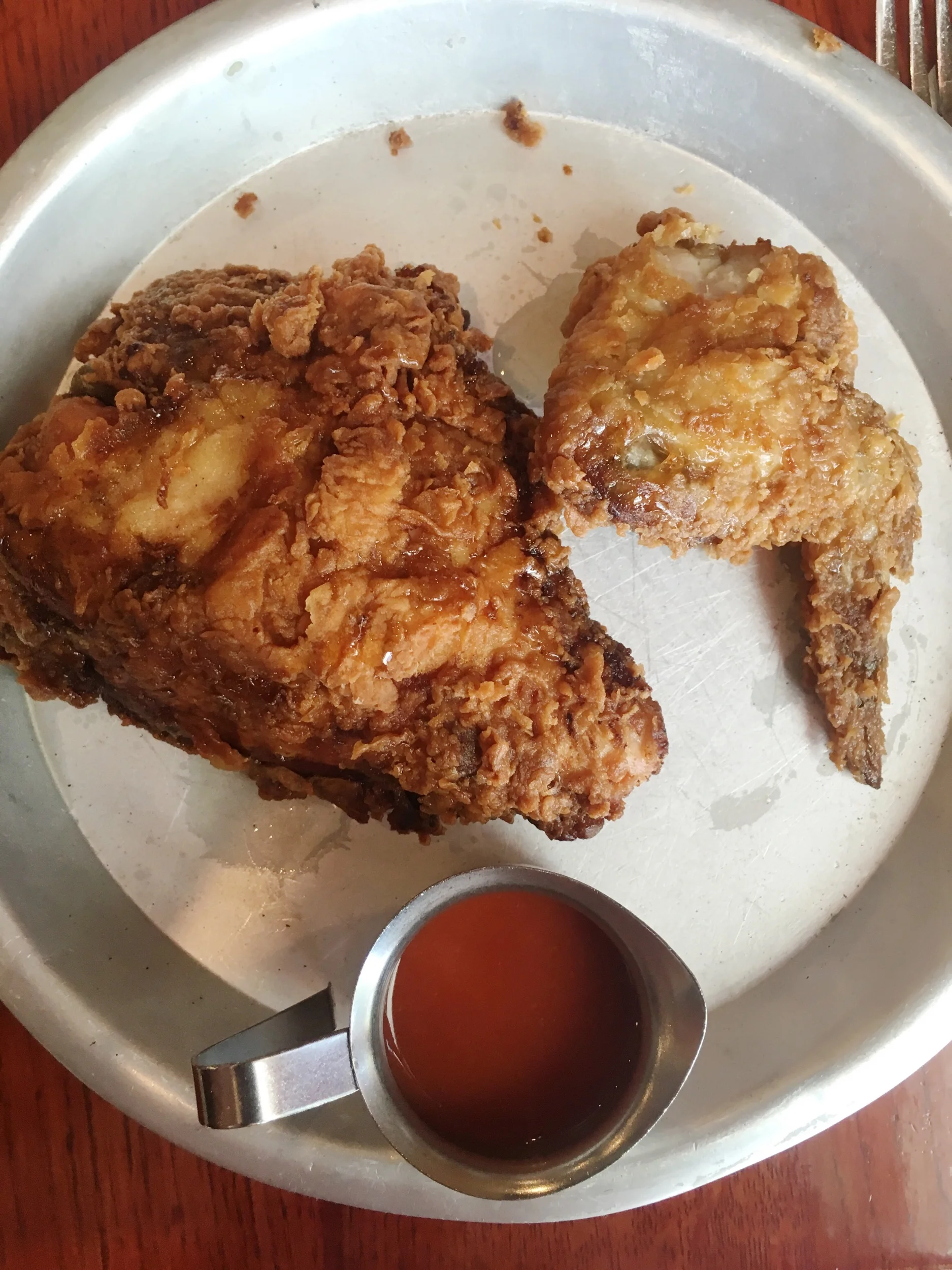 Beasley Chicken and Honey in Raleigh North Carolina. They cooked their chicken in a wet batter, so the crunch was perfect. The chicken was nice and juicy underneath the crust. However, it didn’t really have any flavor. They added honey to the chicke…