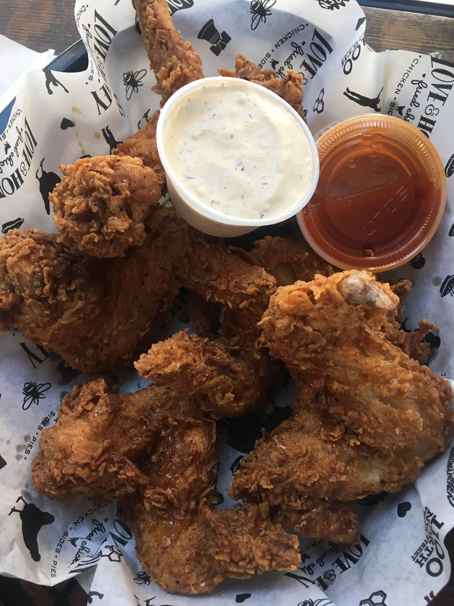 Philly spot called “Love &amp; Honey” fried chicken. Buttermilk marinade and fried perfectly. Crispy, flavorful, and the dips were incredible. 10/10 for sure.