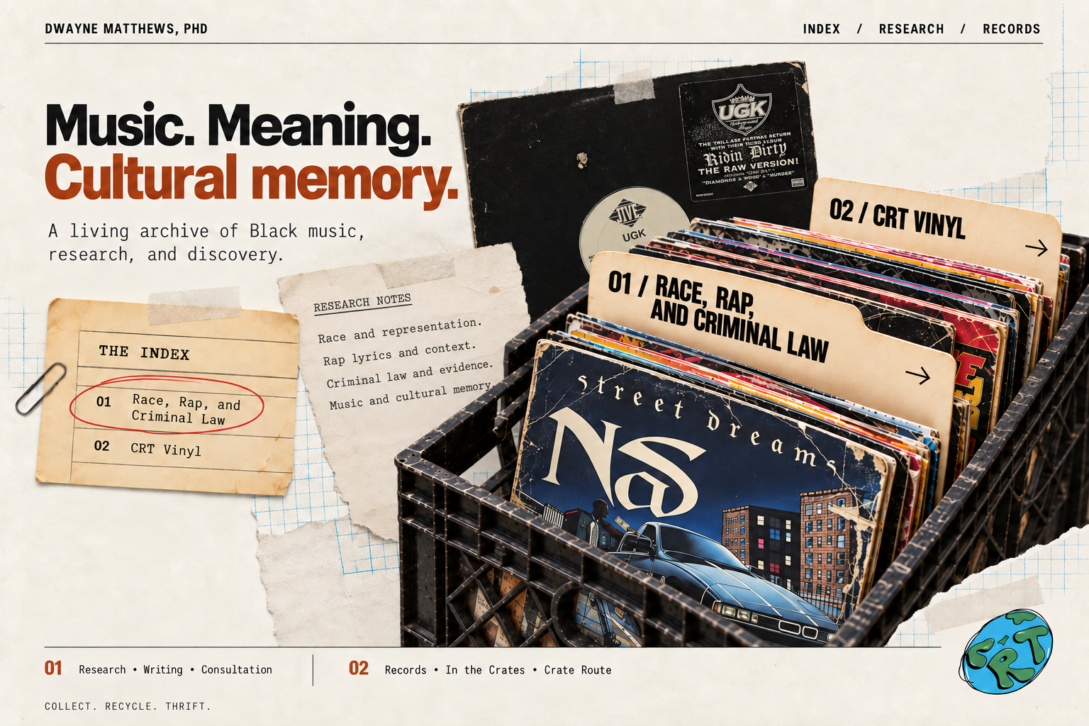 Dwayne Matthews, PhD. A living archive of Black music, research, and discovery. A crate with Nas Street Dreams, a taped UGK record, research notes, and dividers for Race, Rap, and Criminal Law and CRT Vinyl.