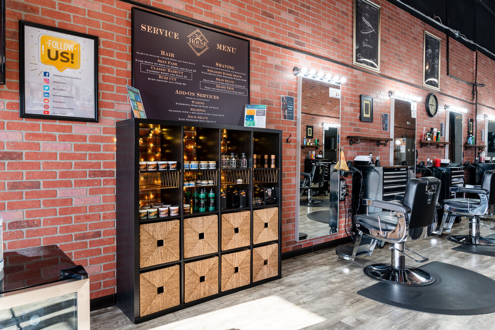Hair product display in House of Shaves Barbershop
