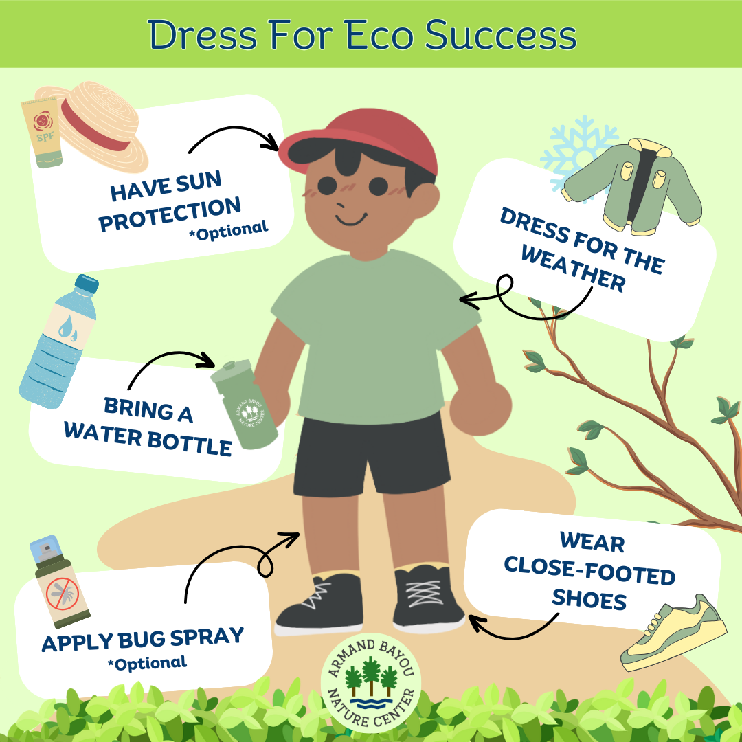 child with sun protection, water, bug spray, and close-footed shoes.