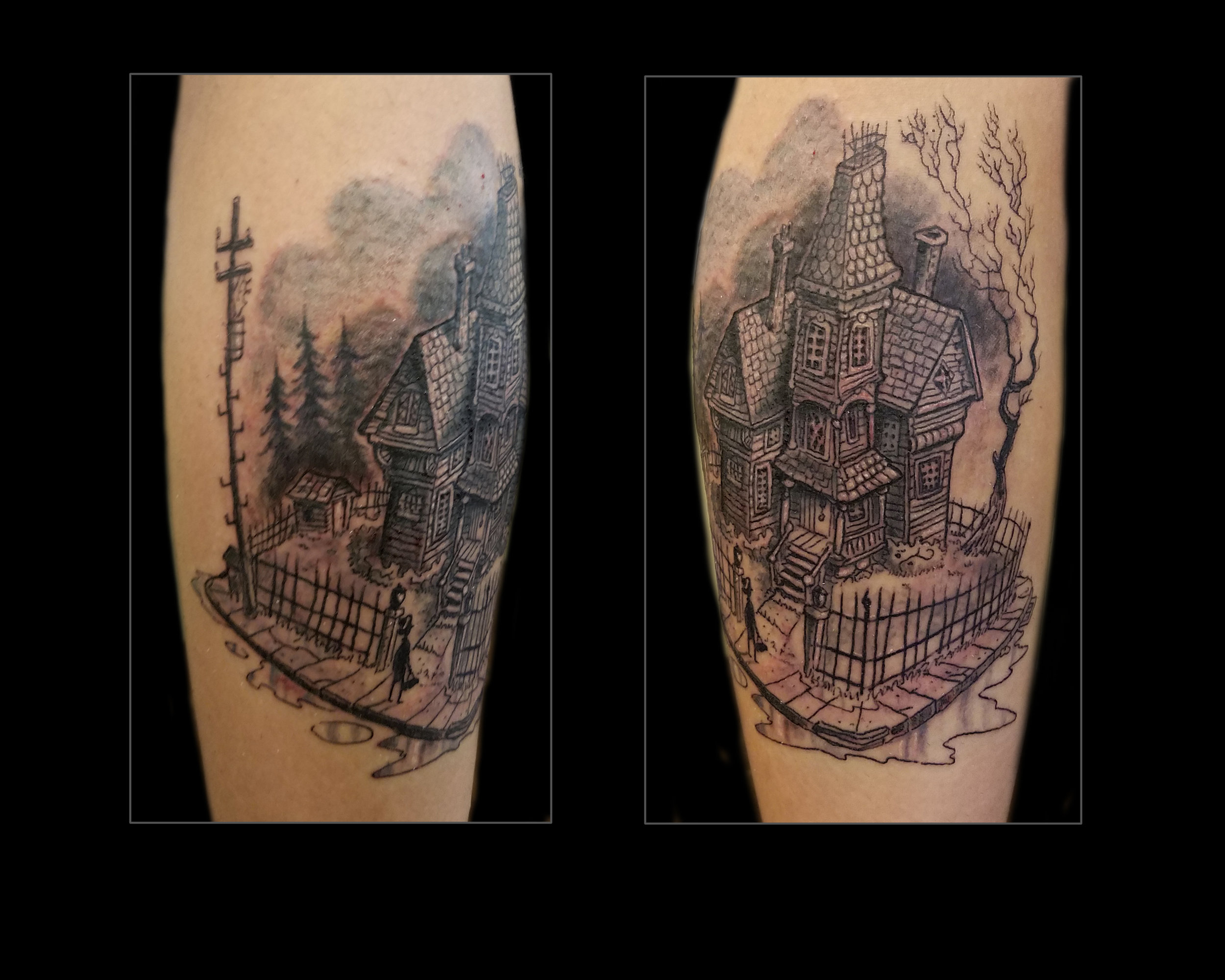 jamie:haunted-sleeve-inner-arm-blackwork-spooky-tattoo-sleeve-tattoo -pumpkin-tattoo-ghost-tattoo-haunted-house-tattoo