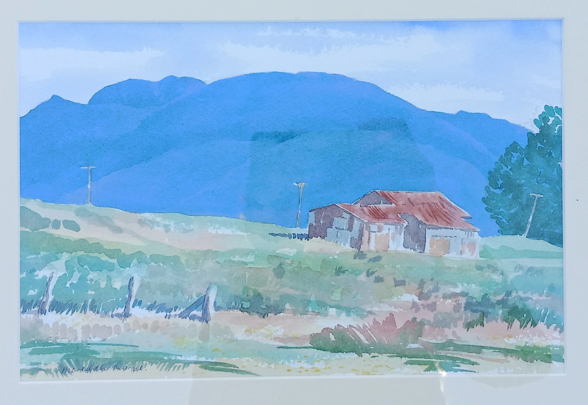 Aorere Barn . Watercolour on paper 180mm x 280mm frame 330mm x 400mm