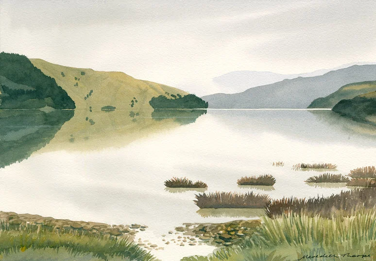 Cable Bay Towards Delaware (2014). Watercolour on paper 265mm x 380mm Frame 500mm x 600mm