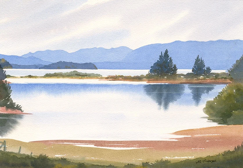 Golden Bay from Clifton (2014). Watercolour on paper 265mm x 380mm Frame 500mm x 600mm