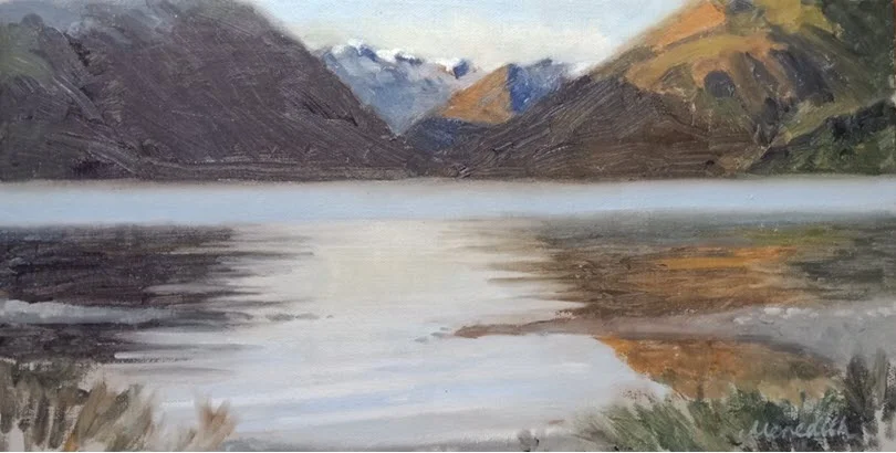 Lake Rotoiti Early Morning Mist (2019). 205 mm x 405 mm. Oil on Canvas. Available as a card (#53)