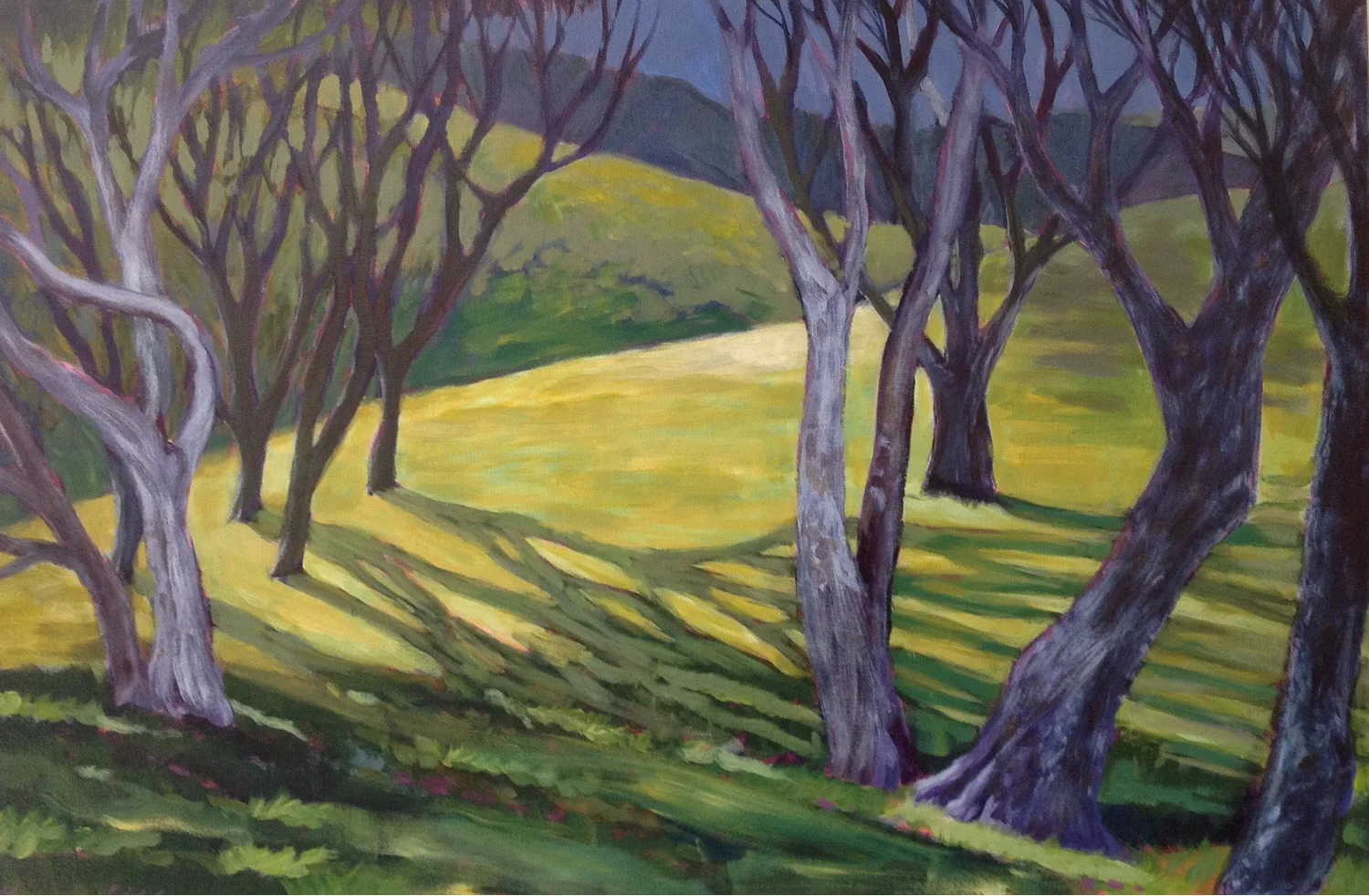 Manuka Shadows (2018). 510 mm x 750 mm. Acrylic on Canvas. Available as a card (#15).