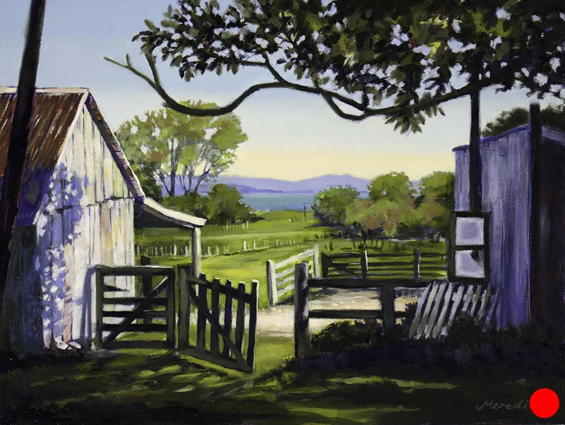 The Home Farm, Golden Bay (2018). 300 mm x 400 mm. Oil on Canvas (framed). Available as a card (#45).