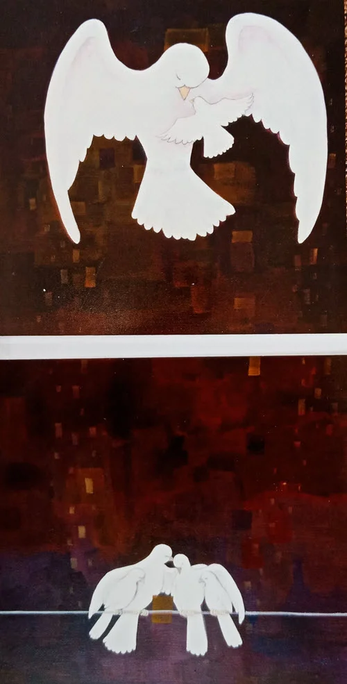 Love and Loss (2014). 250 mm x 250 mm (x2). Acrylic on Canvas. Available as a card (#41).
