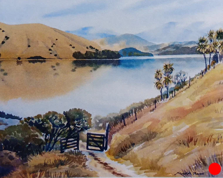 Misty Morning - Cable Bay (2014). 265 mm x 380 mm. Watercolour on Paper. Available as a card (#20).
