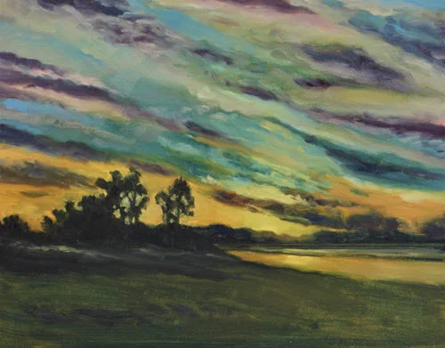 Tahunanui Sunset (2019). 200 mm x 250 mm. Oil on Panel.
