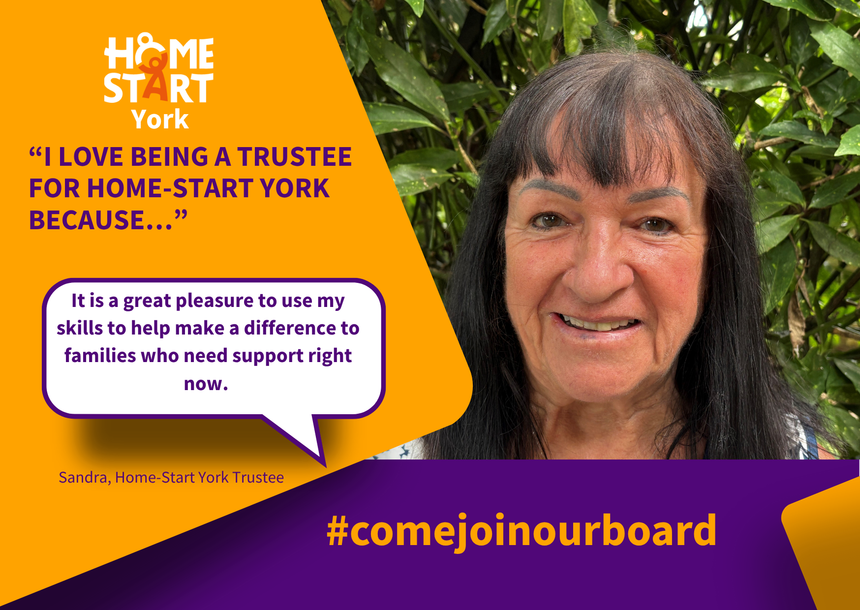 Close-up photo of Sandra, a woman with long dark hair and a friendly smile, standing outdoors with green foliage in the background. She is associated with Home-Start York, as indicated by the text on the image.