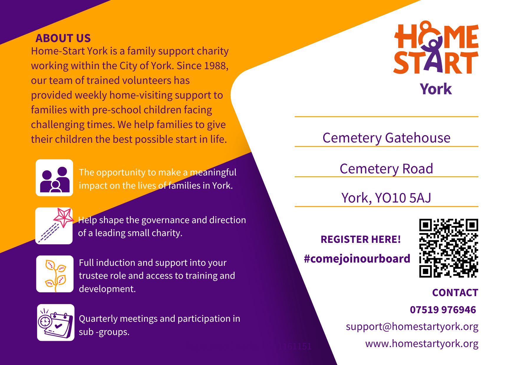Poster for Home-Start York charity with information about their services, address at Cemetery Gatehouse, Cemetery Road, York, and contact details including a QR code, phone number, email, and website.