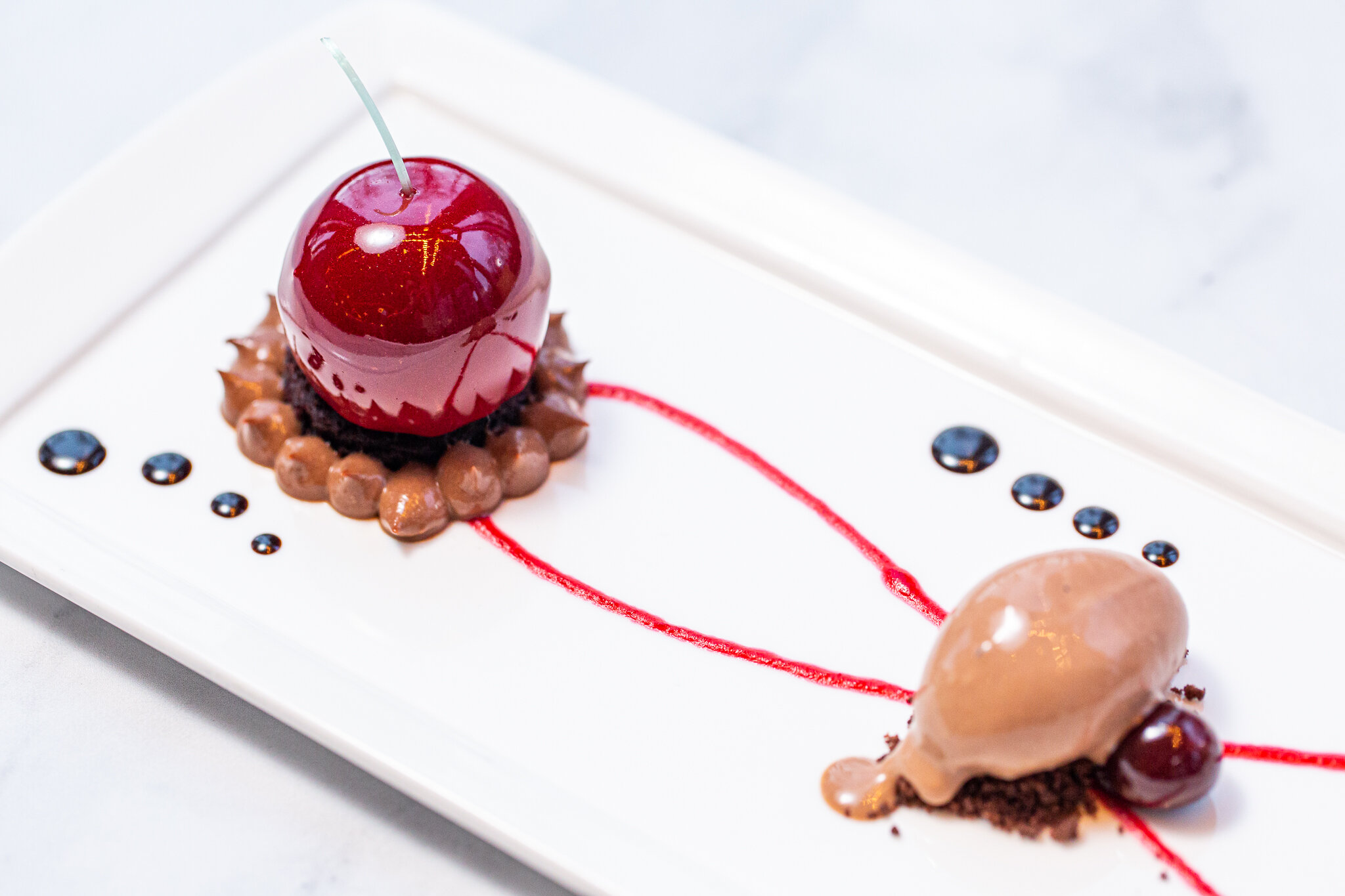   Black Forest : Kirsh Chantilly | Dark Chocolate Crémeux | Devils Food Cake | Brandied Cherries | Cherry Coulis | Chocolate Ice Cream 