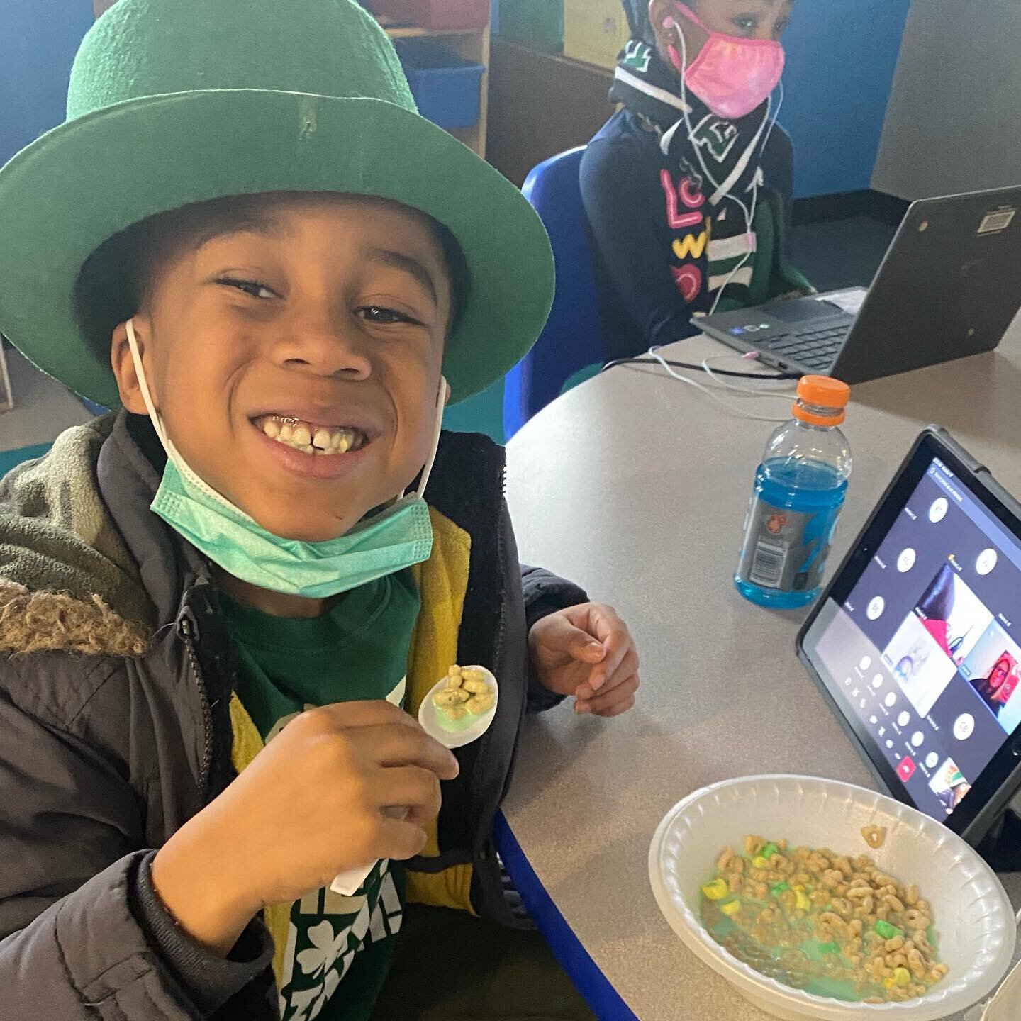 Happy St.Patrick&rsquo;s Day!! ☘️🍀The color of the Day.....Green!! We went Green for Breakfast this morning! Green Cereal and milk 💚🥛for our Little Peeple and Green 💚 Krispy Kreme Doughnuts 🍩 for our Parents and Staff!! Have a blessed and Lucky 