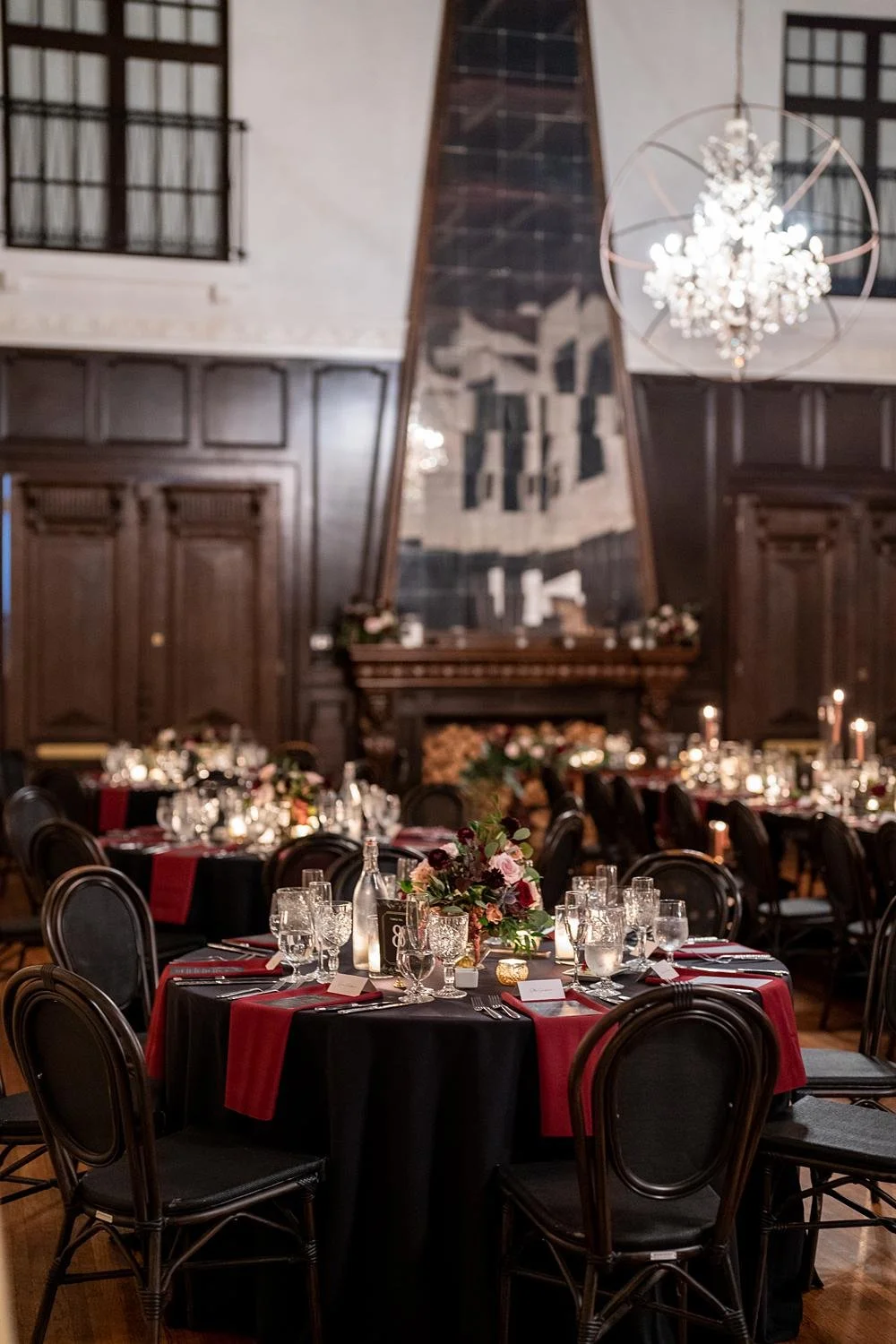 Wedding reception detail highlighting tables and décor inside the Grand Hall at the Ebell of Long Beach