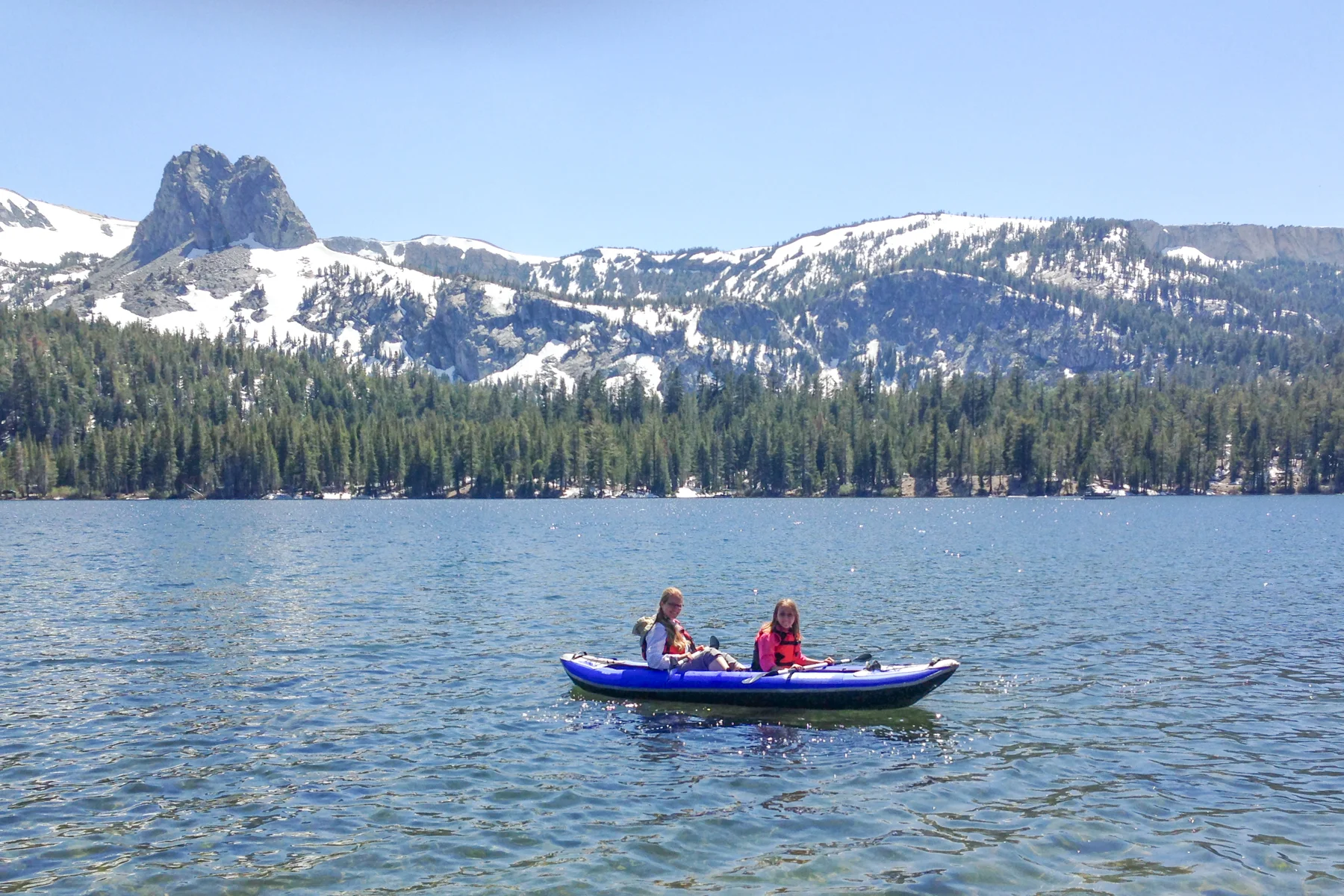 Sonja kayaking with Hana on Lake Mary. Mammoth Lakes, CA