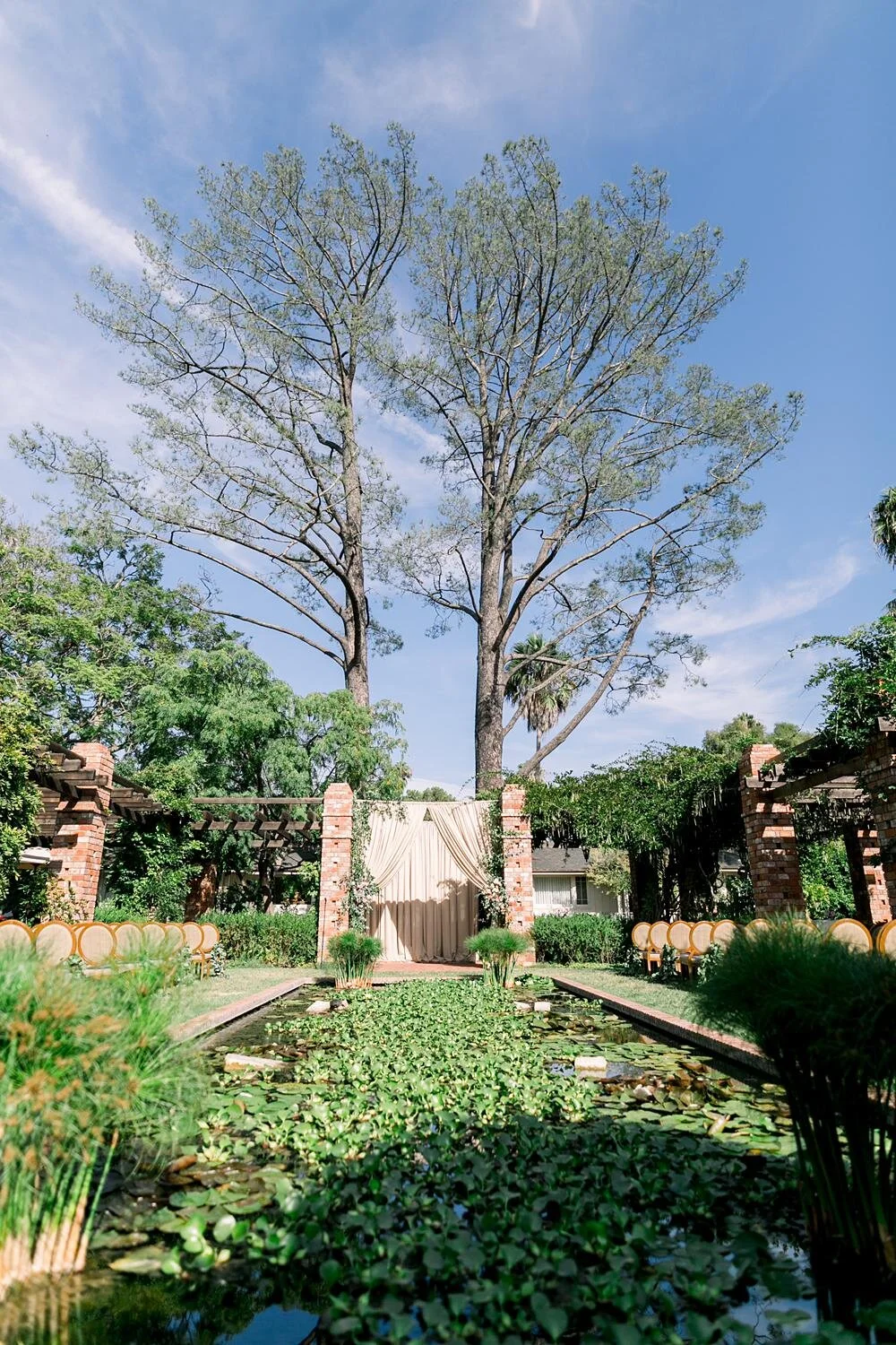 Wedding ceremony at Arbor and Lilly Pond with drapery focal point and cascading florals at the Belmond El Encanto