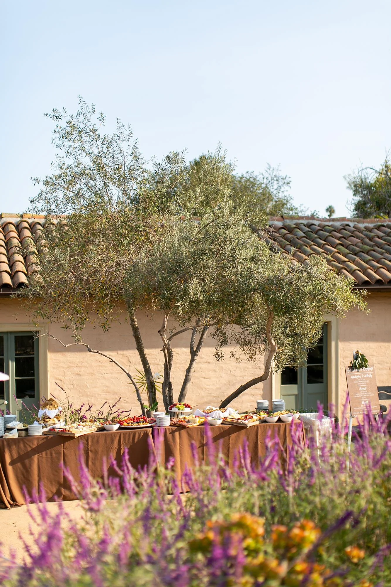 Wedding cocktail hour buffet set beneath an olive tree at Santa Barbara Historical Museum