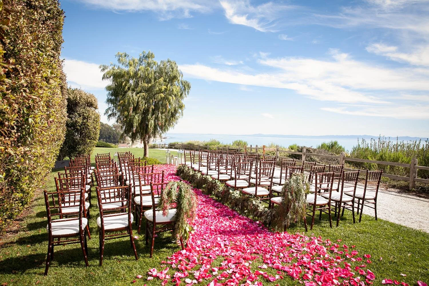 Wedding ceremony on the Bluff Lawn at Ritz Carlton Bacara with aisle lined in hot pink petals