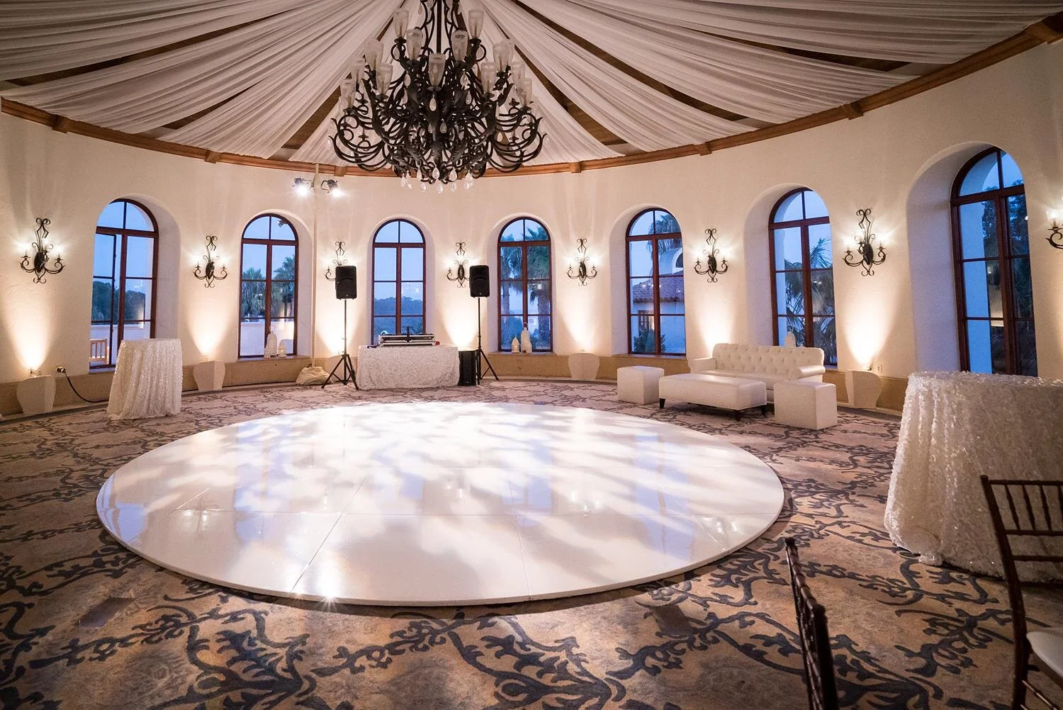 Wedding reception in the Rotunda at Ritz Carlton Bacara with a circular white dance floor