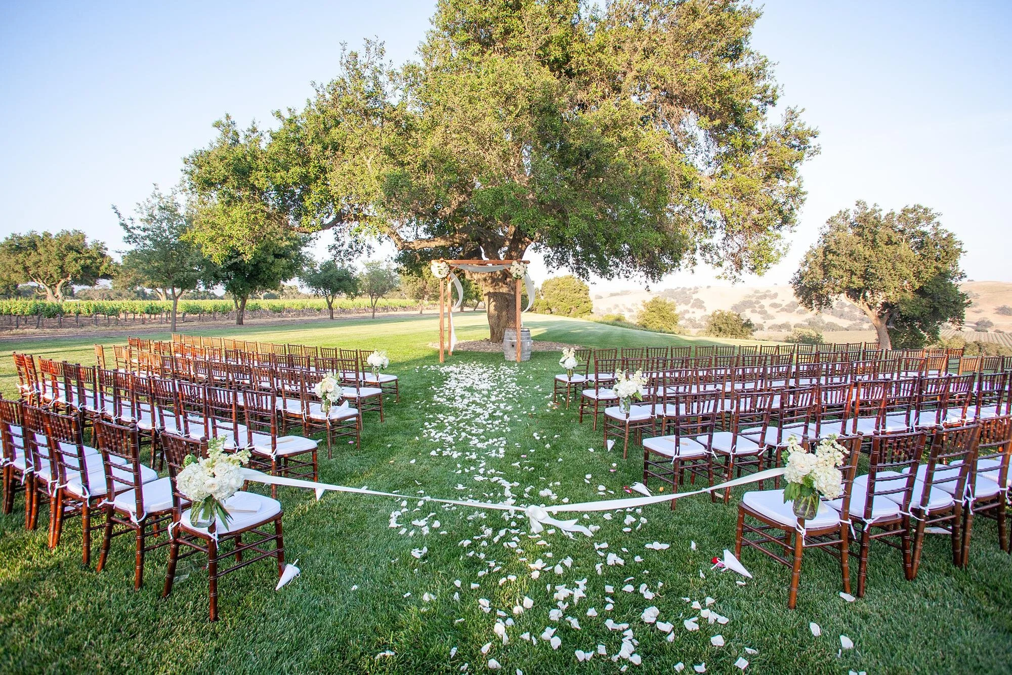 Wedding ceremony at Firestone Winery on the Vineyard Mesa with rose petals lining the aisle