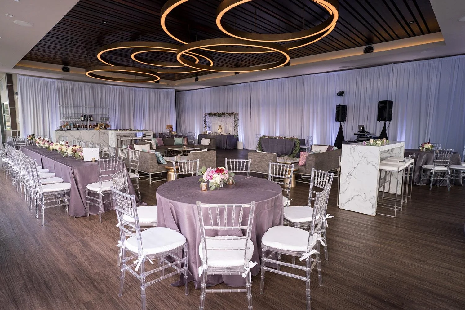 Wedding reception at Shade Hotel Redondo Beach on the Horizon Level with lavender linens