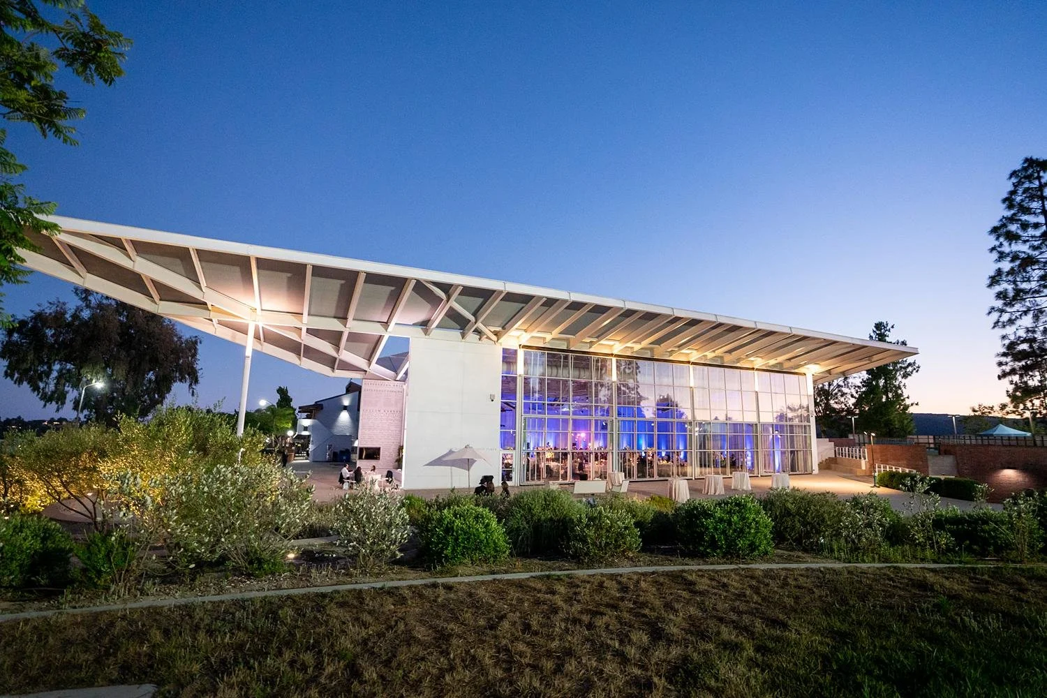 Wedding reception exterior view of building at sunset during Stephen Wise Temple celebration