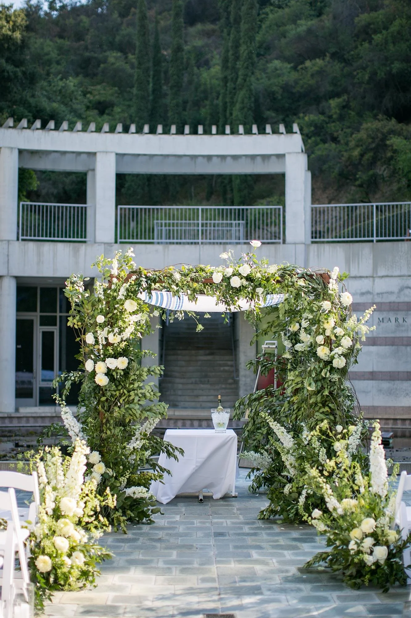 Close-up of the chuppah during for a Taper Courtyard wedding ceremony at the Skirball Cultural Center