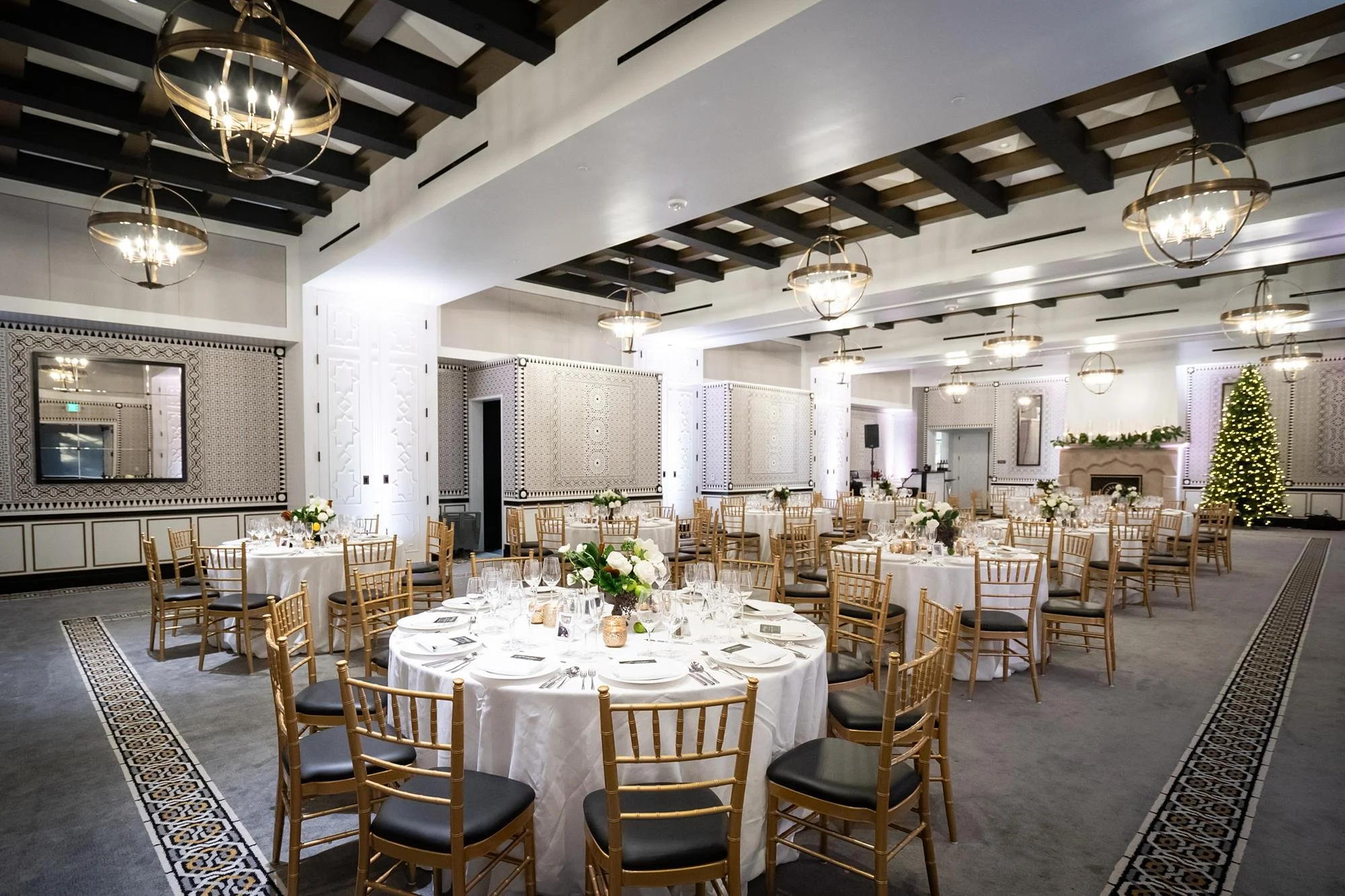 Wedding rehearsal dinner at Hotel Californian in ballroom with holiday themed decor