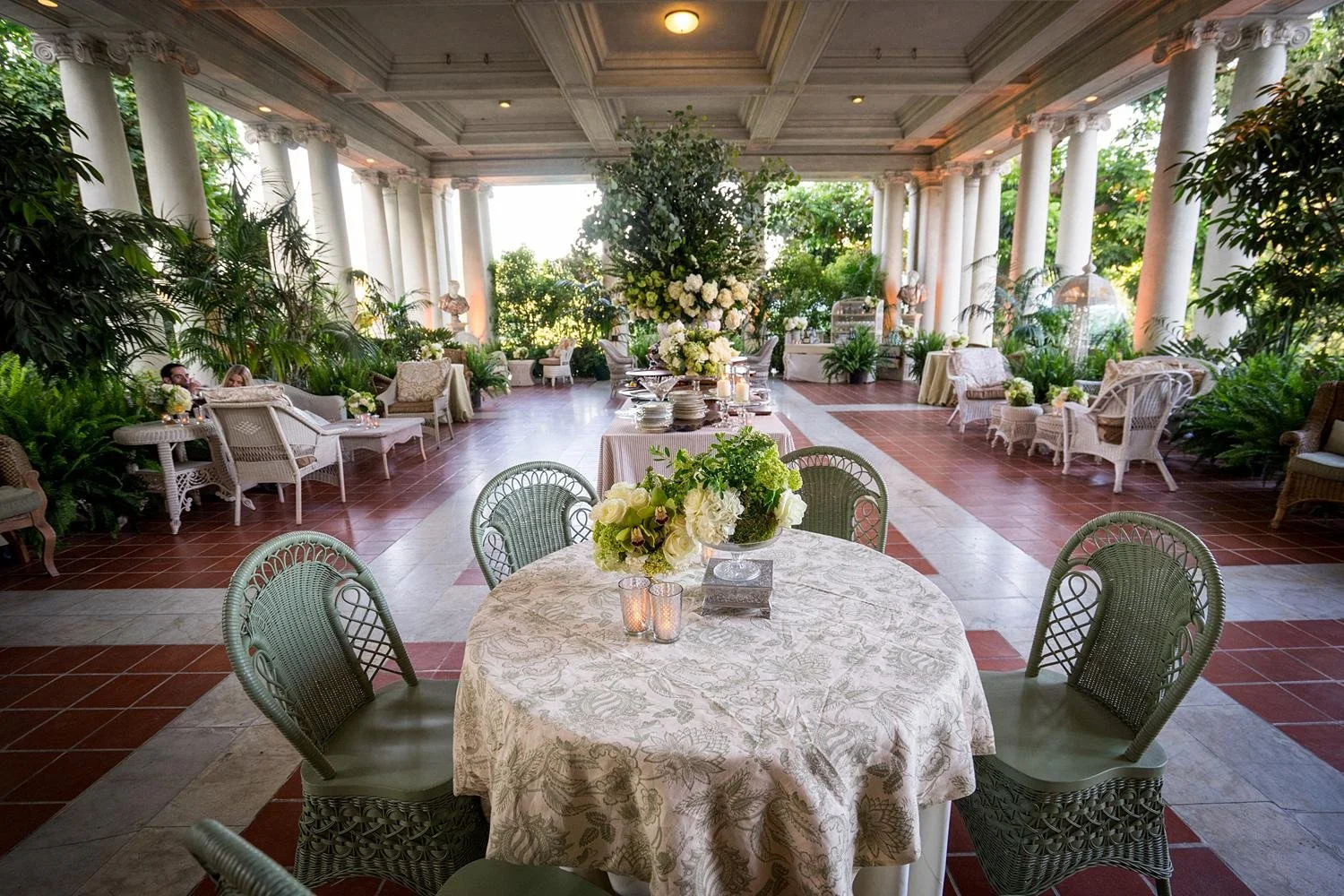 Wedding reception on Estate Patio with buffet and bar at Huntington Library and Gardens