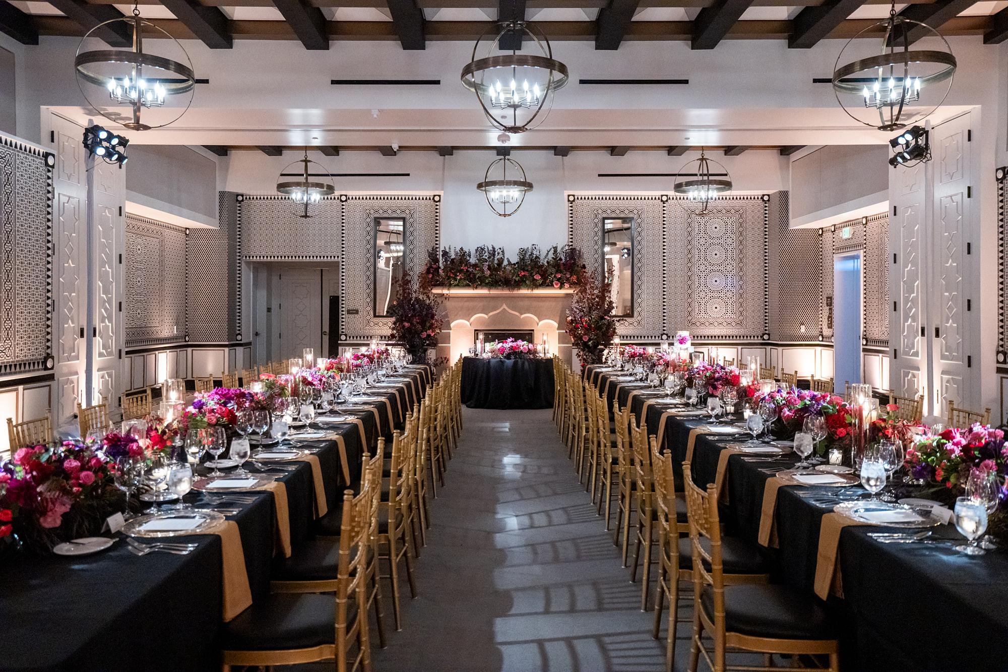 Wedding reception at Hotel Californian in Alhambra Ballroom with jewel toned florals