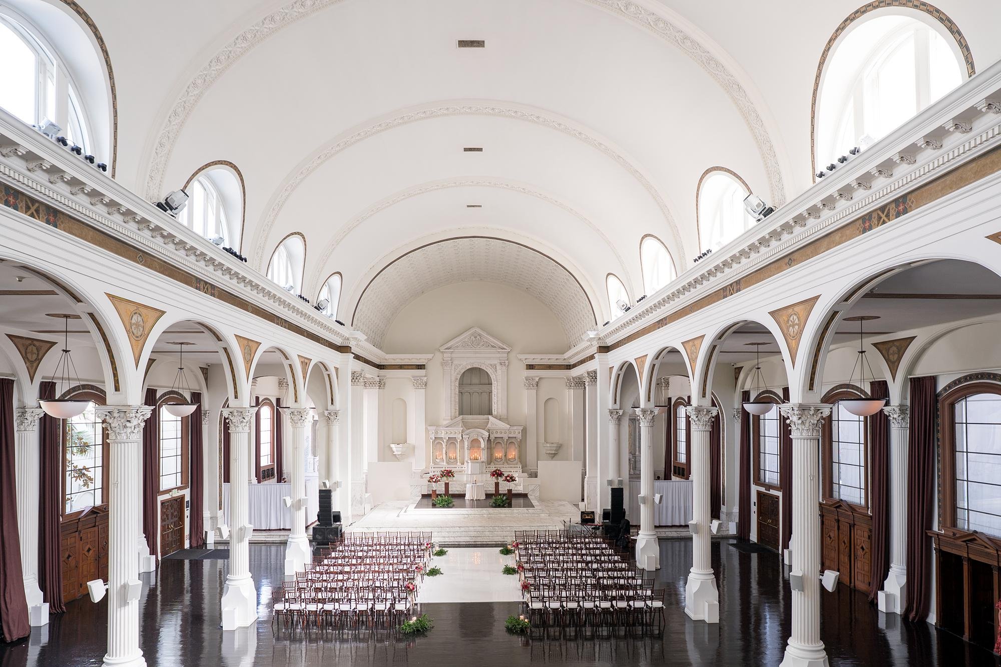 Overhead view of a cathedral wedding ceremony setup at Vibiana in Los Angeles